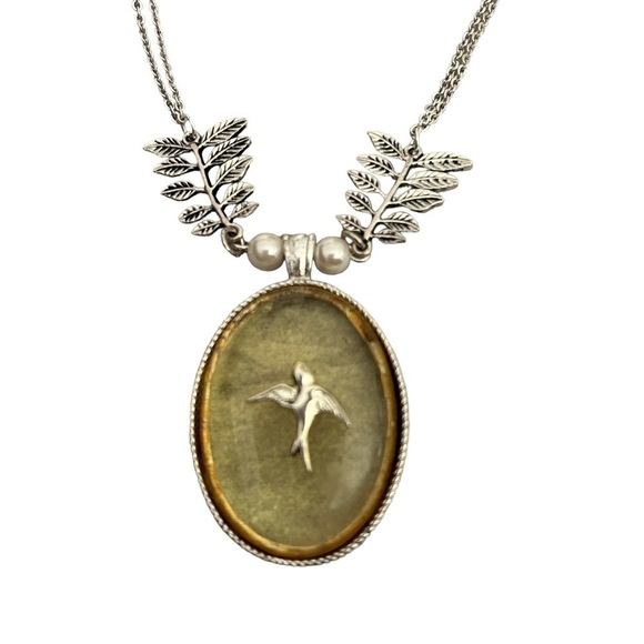 Double Slivertone Chain w/ Leaf & Faux Pearl & Gold/Yellow Pendant & Silver Bird - Picture 6 of 15